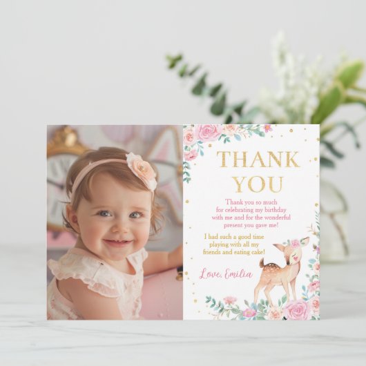 Schattigee Herten Bloemen Verjaardagsfoto Dank u k Bedankkaart (Staand voorkant)