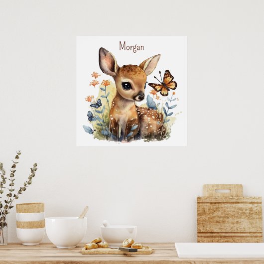 Schattigee herten en vlinder AI Nursery Art Poster (Keuken)