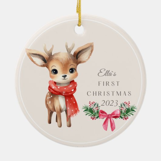 Schattigee herten gepersonaliseerd Kind `s Eerste  Keramisch Ornament (Achterkant)