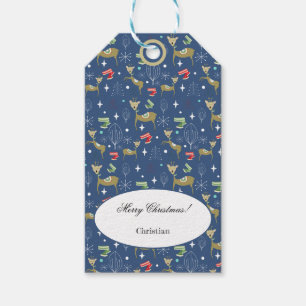 Schattigee herten met kerstbomen en sneeuwvlokken cadeaulabel