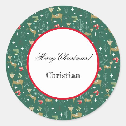 Schattigee herten met kerstbomen en sneeuwvlokken ronde sticker (Voorkant)