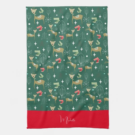 Schattigee herten met kerstbomen en sneeuwvlokken theedoek (Verticaal)