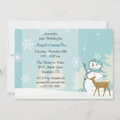 Schattigee herten met sneeuwman Winter 1e verjaard Kaart (Achterkant)