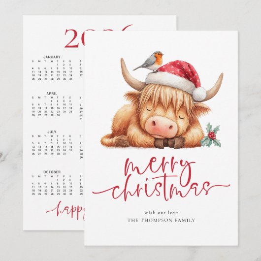 Schattigee Highland Koe 2026 Kalender Vrolijk Kers Feestdagenkaart (Voorkant / Achterkant)