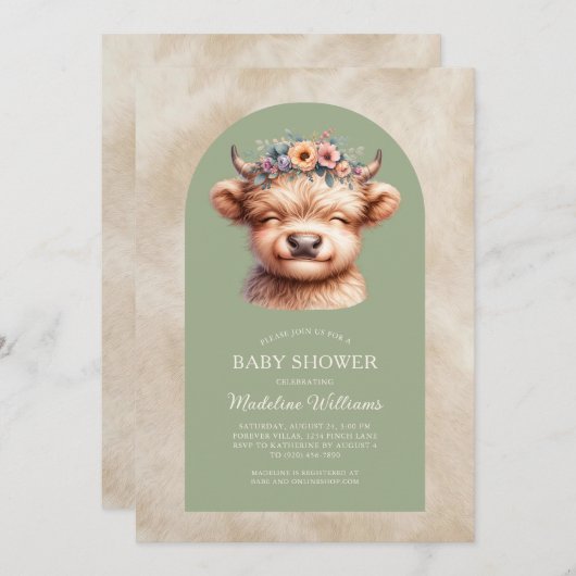 Schattigee Highland Koe Arch Baby shower Uitnodigi (Voorkant / Achterkant)