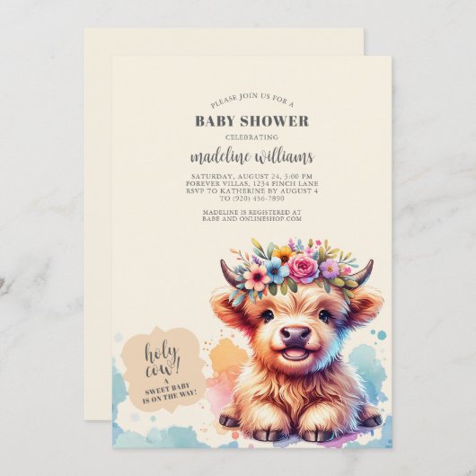 Schattigee Highland Koe Baby shower Uitnodiging (Voorkant / Achterkant)