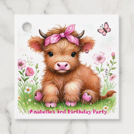 Schattigee Highland Koe Butterfly Girl Verjaardags Bedankjes Labels (Voorkant)