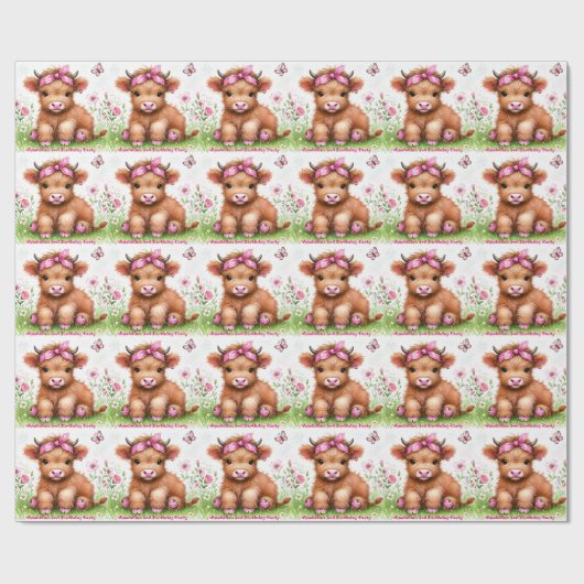 Schattigee Highland Koe Butterfly Girl Verjaardags Cadeaupapier (Vlak)