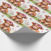 Schattigee Highland Koe Butterfly Girl Verjaardags Cadeaupapier (Hoek)