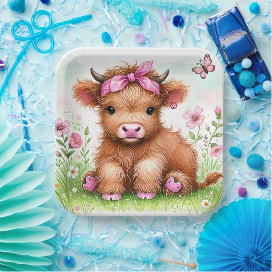 Schattigee Highland Koe Butterfly Girl Verjaardags Papieren Bordje (Feest)