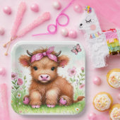 Schattigee Highland Koe Butterfly Girl Verjaardags Papieren Bordje (Feest)