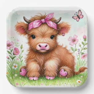 Schattigee Highland Koe Butterfly Girl Verjaardags Papieren Bordje