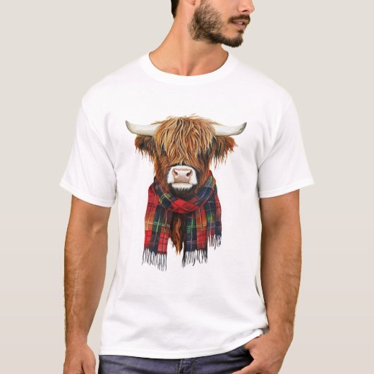 Schattigee Highland Koe Dragen Buffalo Plaid Sjaal T-shirt (Voorkant)