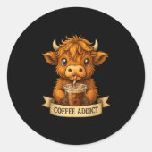 Schattigee Highland Koe Drink Koffie Grappig Voor  Ronde Sticker (Voorkant)