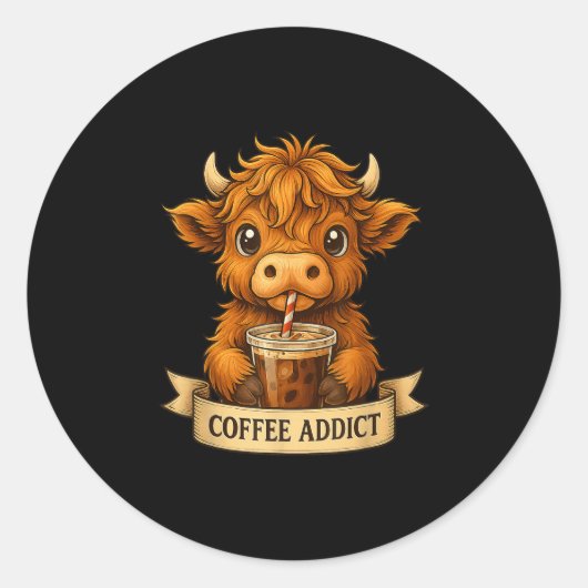 Schattigee Highland Koe Drink Koffie Grappig Voor  Ronde Sticker (Voorkant)
