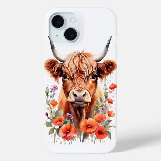 Schattigee Highland Koe en Poppy Flowers Waterverf Case-Mate iPhone Case (Achterkant)