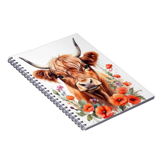 Schattigee Highland Koe en Poppy Flowers Waterverf Notitieboek (Rechterzijde)