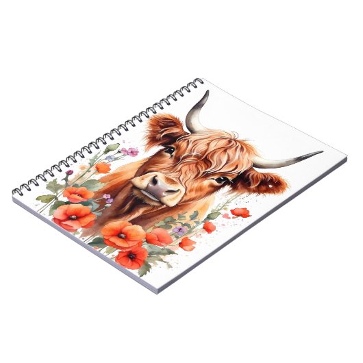 Schattigee Highland Koe en Poppy Flowers Waterverf Notitieboek (Linkerzijde)