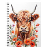Schattigee Highland Koe en Poppy Flowers Waterverf Notitieboek (Voorkant)
