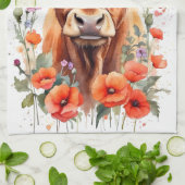 Schattigee Highland Koe en rode papaver Waterverf Theedoek (Gevouwen)