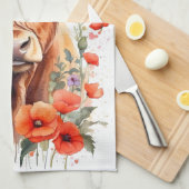 Schattigee Highland Koe en rode papaver Waterverf Theedoek (Quarter Fold)