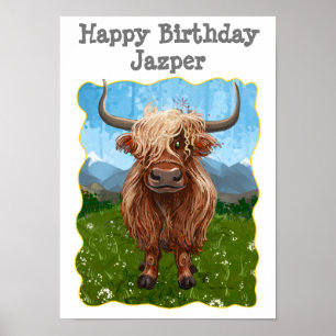Schattigee Highland Koe Happy Birthday Poster