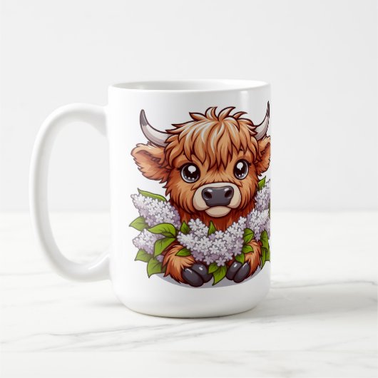 Schattigee Highland Koe Holding Lilacs Koffiemok (Links)