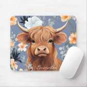 Schattigee Highland Koe in Bloemen Achtergrond w/C Muismat (Met muis)