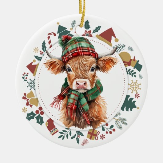 Schattigee Highland Koe Ingelijst met Kerst Afbeel Keramisch Ornament (Voorkant)