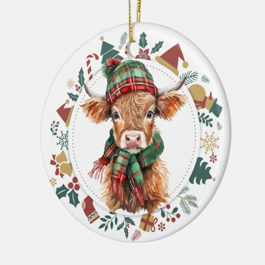 Schattigee Highland Koe Ingelijst met Kerst Afbeel Keramisch Ornament (Links)