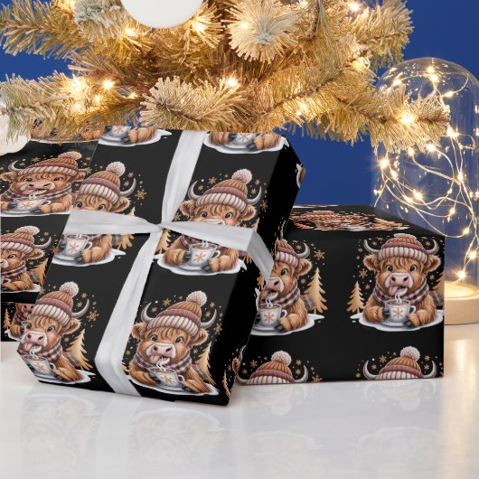Schattigee Highland Koe Kerstbomen Hot Cocoa Cozy Cadeaupapier (Feestdagen)