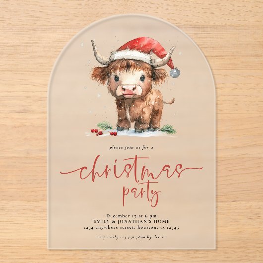 Schattigee Highland Koe kerstfeest Acryl Uitnodigingen (Voorkant)