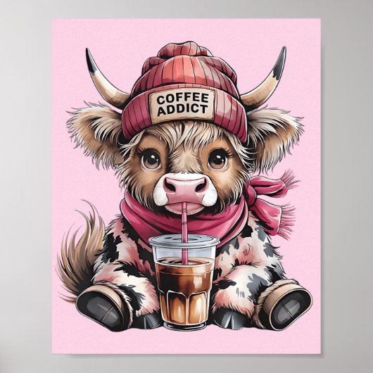 Schattigee Highland Koe Koffieverslaafde Funny Dri Poster (Voorkant)
