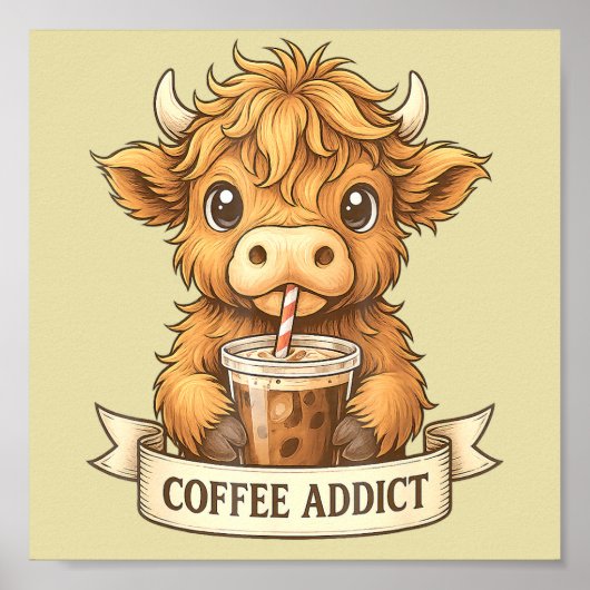 Schattigee Highland Koe Koffieverslaafde Funny Dri Poster (Voorkant)