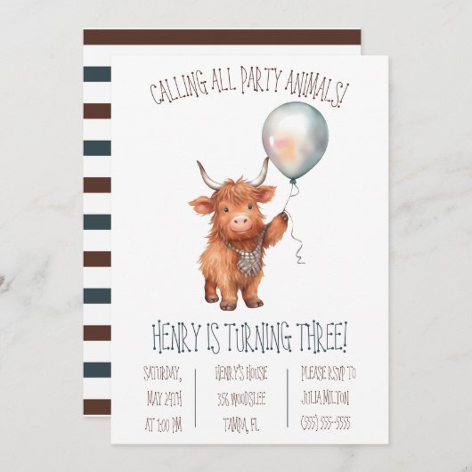 Schattigee Highland Koe met Balloon Birthday Party Kaart (Voorkant / Achterkant)