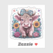 Schattigee Highland Koe met Blauwgroen bloemen Coq Sticker (Vel)