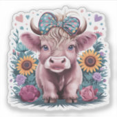 Schattigee Highland Koe met Blauwgroen bloemen Coq Sticker (Voorkant)
