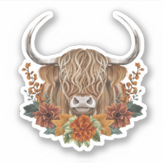 Schattigee Highland Koe met Herfst Flowers Sticker