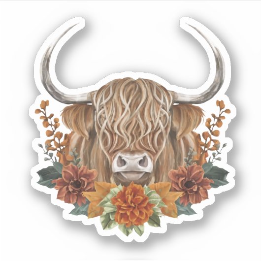 Schattigee Highland Koe met Herfst Flowers Sticker (Voorkant)
