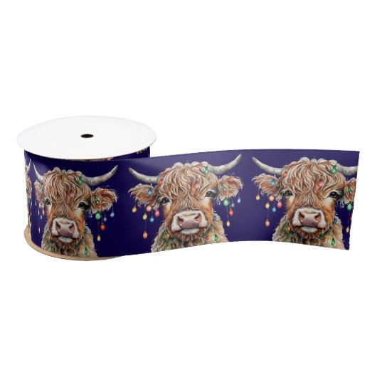 Schattigee Highland Koe met kerstverlichting Satijnen Lint (Spoel)