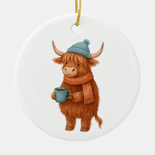 Schattigee Highland Koe met Koffie – Gezellige Win Keramisch Ornament (Voorkant)