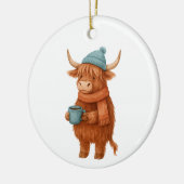 Schattigee Highland Koe met Koffie – Gezellige Win Keramisch Ornament (Links)
