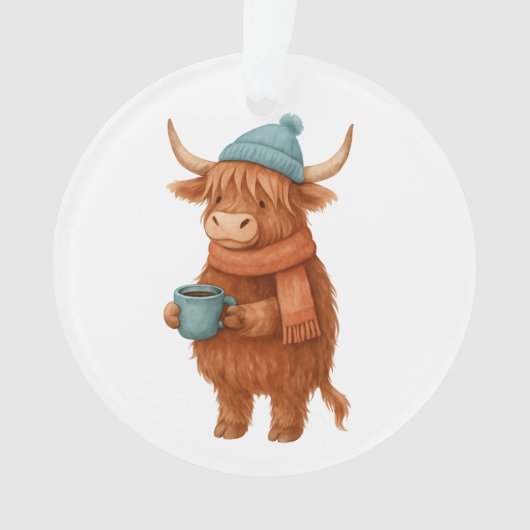 Schattigee Highland Koe met Koffie – Gezellige Win Ornament (voorkant)