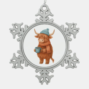 Schattigee Highland Koe met Koffie – Gezellige Win Tin Sneeuwvlok Ornament
