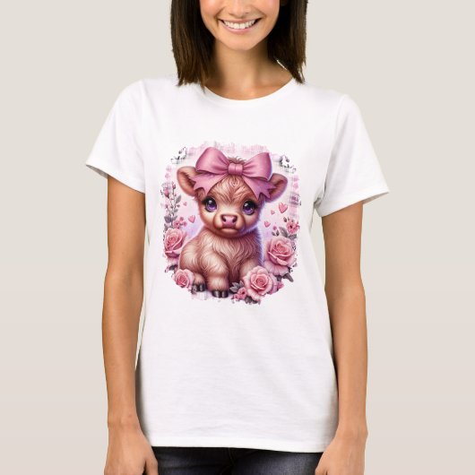Schattigee Highland Koe met Pink Bow T-shirt (Voorkant)