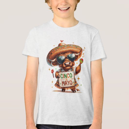 Schattigee Highland Koe met Poncho Cinco de Mayo P Tri-Blend Shirt (Voorkant)