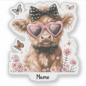 Schattigee Highland Koe met vlinders en zonnebrill Sticker (Voorkant)