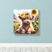 Schattigee Highland Koe met zonnebloemen Canvas Afdruk (Insitu (Houten vloer))