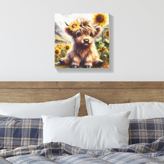 Schattigee Highland Koe met zonnebloemen Canvas Afdruk (Insitu (Slaapkamer))