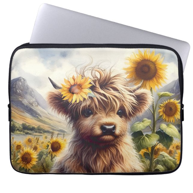 Schattigee Highland Koe met zonnebloemen Laptop Sleeve (Voorkant)